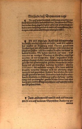Abschiedt Der Römischen Kayserlichen Maiestat auch Churfürsten deputirter Fürsten vnd Stende für sich vnd in namen gemeiner des heiligen Reichs Stende auff dem Deputationtag zu Franckfort Anno Domini M.D.LXXI. auffgericht