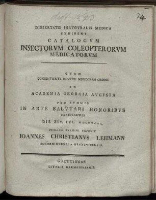 Dissertatio Inauguralis Medica Exhibens Catalogum Insectorum Coleopterorum Medicatorum
