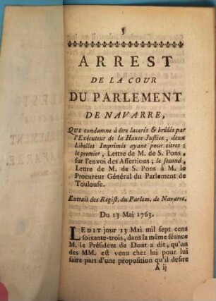 Arrest De La Cour Du Parlement De Navarre. Du 21 Mai 1763