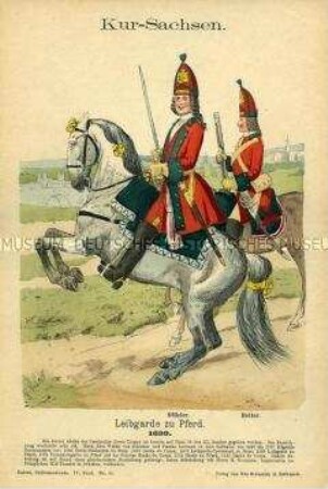 Uniformdarstellung, Offizier und Reiter der Leibgarde zu Pferde, Kurfürstentum Sachsen, 1699.