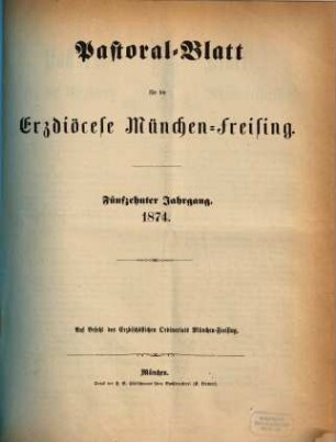 Pastoral-Blatt für die Erzdiöcese München-Freising. 15, 15. 1874