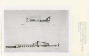Volksbad am Insulaner, Berlin-Schöneberg (Diplomarbeit bei Karl Wilhelm Ochs): Ansichten von Westen und Südosten 1:200
