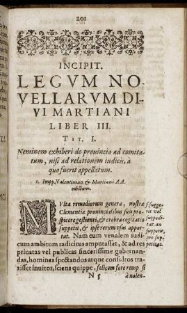 Incipit. Legum Novellarum Divi Martiani Liber III.