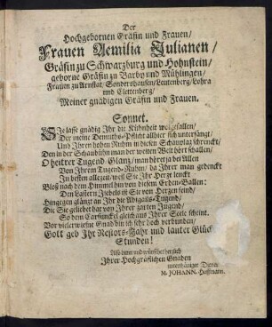 Der ... Frauen Aemilia Julianen/ Gräfin zu Schwarzburg und Hohnstein/ ... Sonnet.