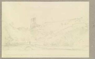 Burgruine Frauenburg, irrig mit einem runden und einem viereckigen statt mit zwei runden Türmen gezeichnet