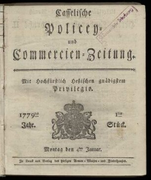 1tes Stueck, Montag den 4ten Januar. 1779