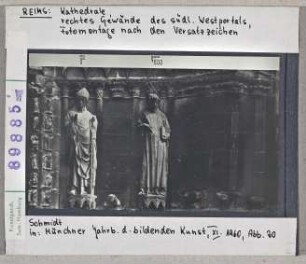 Reims: Kathedrale, südl. Westportal, rechtes Gewände, Fotomontage nach den Versatzzeichen