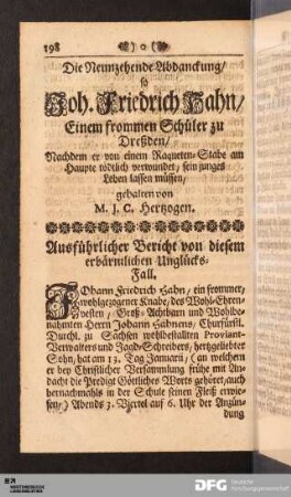 Die Neunzehende Abdanckung/ so Joh. Friedrich Hahn/ Einem frommen Schüler zu Dreßden