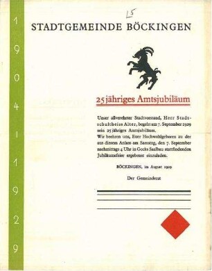 Einladung der Stadtgemeinde Böckingen zur Feier des 25jährigen Amtsjubiläums von Stadtschultheiß Alter