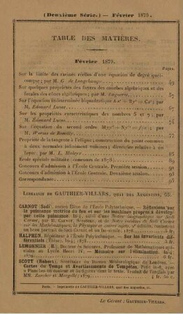 Table des matières. Février 1879.