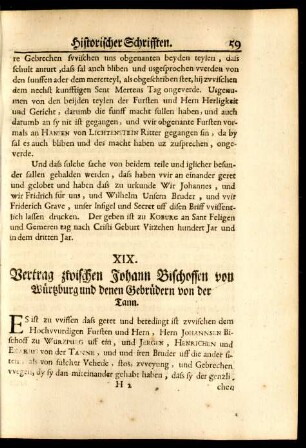 XIX. Vertrag zwischen Johann Bischoffen von Würtzburg und denen Gebrüdern von der Tann