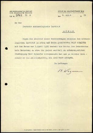 M. Wegner an DAI Athen
