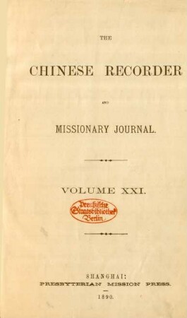 21.1890: The Chinese recorder and missionary journal