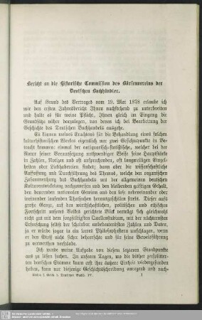 Bericht an die Historische Commission des Börsenvereins der Deutschen Buchhändler