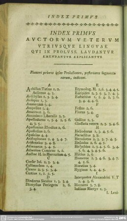 Index Primus, Auctorum Veterum Utriusque Linguae Qui In Proluss. Laudantur Emendantur Explicantur