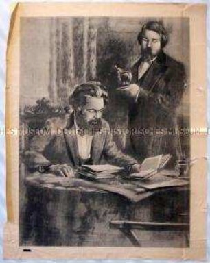 Porträt der Gesellschaftstheoretiker Karl Marx und Friedrich Engels in Marx Arbeitszimmer