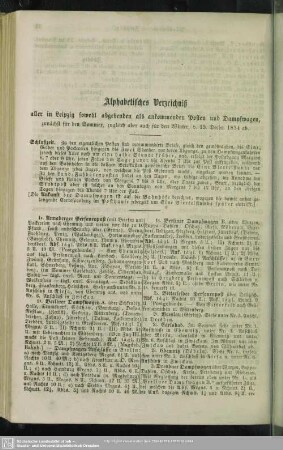 Alphabetisches Verzeichniß aller in Leipzig sowohl abgehenden als ankommenden Posten und Dampfwagen