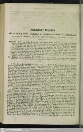 Alphabetisches Verzeichniß aller in Leipzig sowohl abgehenden als ankommenden Posten und Dampfwagen