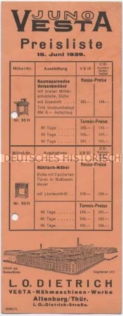 Preisliste Nr. 1 (44) für Vesta Nähmaschinen
