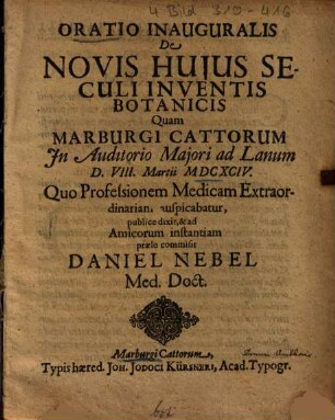 Oratio inauguralis de novis huius hujus seculi inventis botanicis