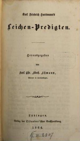 Karl Friedrich Harttmann's Casual- u. Passionspredigten : Hrsg. von Karl Chr. Eberh. Ehmann, 2