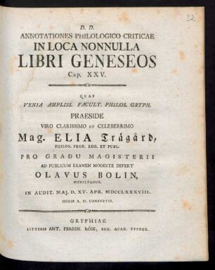 Annotationes Philologico Criticae In Loca Nonnulla Libri Geneseos Cap. XXV