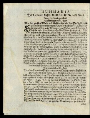 Summaria Der Capitum dieser Deduction, nach derren Paragraphis eingerichtet.