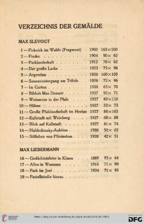 Verzeichnis der Gemälde (Nr. 1-31)