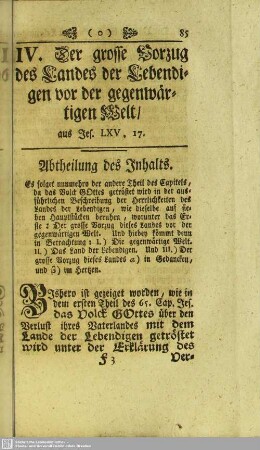 IV. Der grosse Vorzug des Landes der Lebendigen vor der gegenwärtigen Welt, aus Jes. LXV, 17