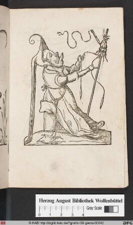Rabelais, Les Songes Drolatiques de Pantagruel, XLI [Karikatur eine sitzenden Mannes mit fratzenartigem Gesicht und einem Spinnrocken mit Bändern]