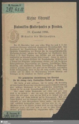 1886,4: Kleine Chronik des Diakonissen-Mutterhauses zu Dresden