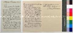 Eigenhändiger Brief von Max Liebermann an Hans W. Singer in Dresden, bedankt sich für die Veröffentlichung seiner Zeichnungen und äußert sich über seine Auffassung von Kunst; Berlin, 26. März 1912