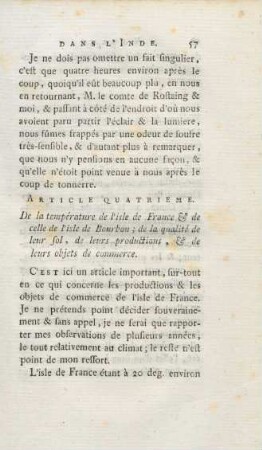 Article quatrième. De la température de l'isle de France & de celle de l'isle de Bourbon ; de la qualité de leur sol, ...