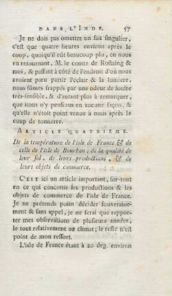 Article quatrième. De la température de l'isle de France & de celle de l'isle de Bourbon ; de la qualité de leur sol, ...