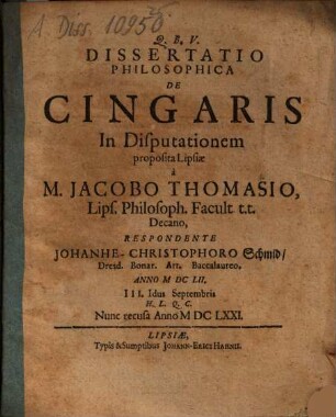 Dissertatio Philosophica De Cingaris