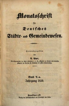Monatsschrift für deutsches Städte- und Gemeindewesen. 5,a = H. 1-6. 1859
