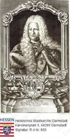 Karl III. Philipp Kurfürst v. Pfalz-Neuburg (1661-1742) / Porträt, in Rahmen mit Wappen und Sockelinschrift, Brustbild