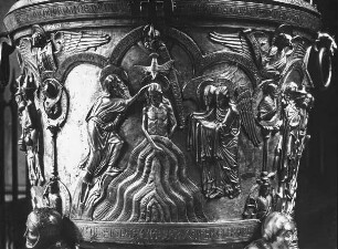 Hildesheim, Dom St. Maria, Kapelle des Hl. Georg, Bronzetaufbecken, Taufe Christi (Detail)