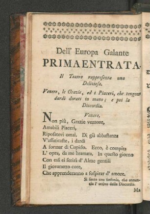 Dell´ Europa Galante Prima Entrata. Erster Aufzug des galanten Europa.