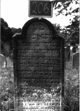 Grabstein 206 (Index: 100103320) Material: Sandstein Zustand: stellenweise stark verwittert Maße HxBxT: 117x54x12 cm Beschreibung: Stele, eingezogener Rundbogenabschluss, Schriftfeld eingetieft, eingeritzte Ornamente: Grabstein 206