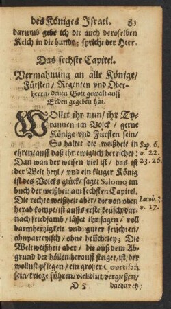 Das sechste Capitel. Vermahnung an alle Könige/ Fürsten/ Regenten und Oberherrn/ denen Gott gewalt auff Erden gegeben hat.