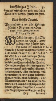 Das sechste Capitel. Vermahnung an alle Könige/ Fürsten/ Regenten und Oberherrn/ denen Gott gewalt auff Erden gegeben hat.