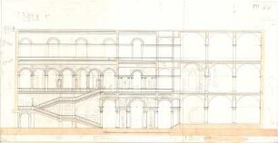 Gärtner, Friedrich von; München, Königsplatz; Staatsbibliothek und Ausstellungsgebäude, Vorprojekt - Staatsbibliothek - Treppenhaus (Längsschnitt)