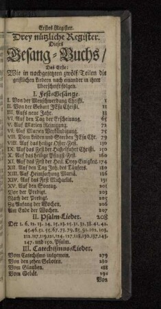 Drey nützliche Register. Dieses Gesang-Buchs/