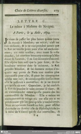 Lettre C. Le même à Madame de Sévigné. A Paris, le 4. Août, 1694