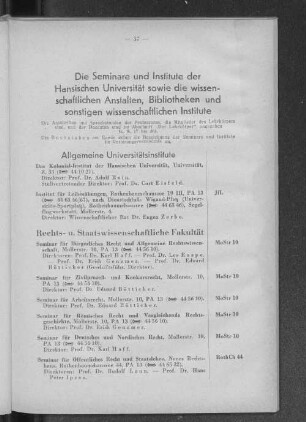 Die Seminare und Institute der Hansischen Universität sowie die wissenschaftlichen Anstalten, Bibliotheken und sonstigen wissenschaftlichen Institute