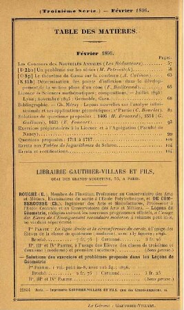 Table des matières. Février 1896.