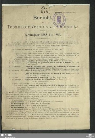 1888/89(1889): Bericht des Techniker-Vereins zu Chemnitz : über das Vereinsjahr ...