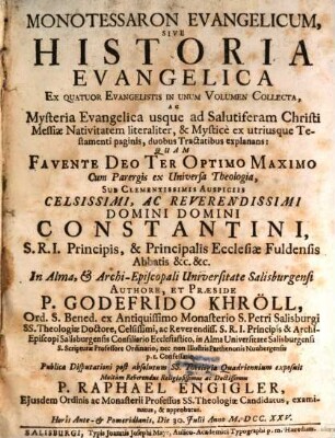 Monotessaron Evangelicum Sive Historia Evangelica Ex Quatuor Evangelistis in Unum Volumen Collecta : Ac Mysteria Evangelica usque ad Salutiferam Christi Messiae Nativitatem literaliter, & Mystice ex utriusque Testamenti paginis ... explanans, 1. [De Mysteriis Evangelicis usque ad Conceptionem Divini Verbi in utero Virginis]