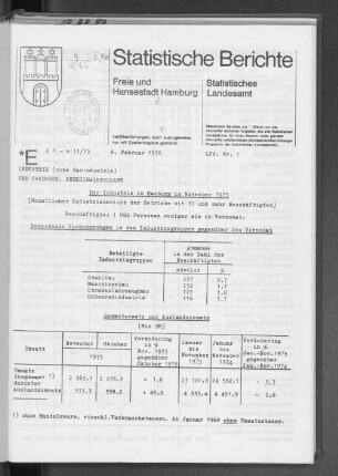 Die Industrie in Hamburg im November 1975 : Lfd. Nr. 1